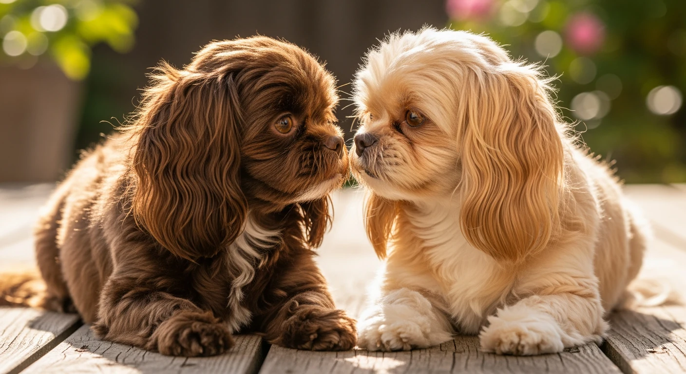 Deux Bolonka Zwetna cote a cote dans un cadre d'elevage francais