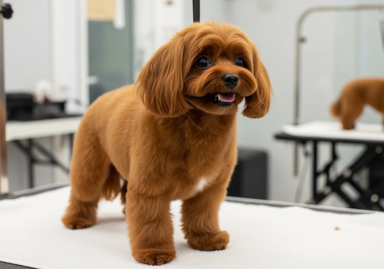 Bolonka Zwetna durant une seance de toilettage, pelage boucle caracteristique de la race