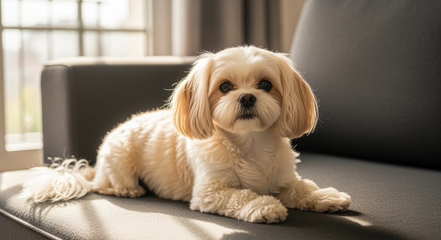 Bolonka Zwetna confortablement installé sur un canapé dans un salon français